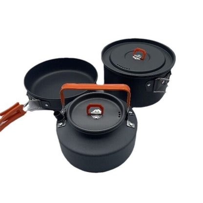 Upgraded Outdoor Camping 2-3 Person Cookset with Teapot Combination Hard-Anodized Aluminum Pot Portable Cookware Set